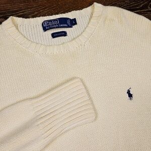 Polo Ralph Lauren Men’s Cream Knit Sweater Size L Cotton Crewneck Classic Logo